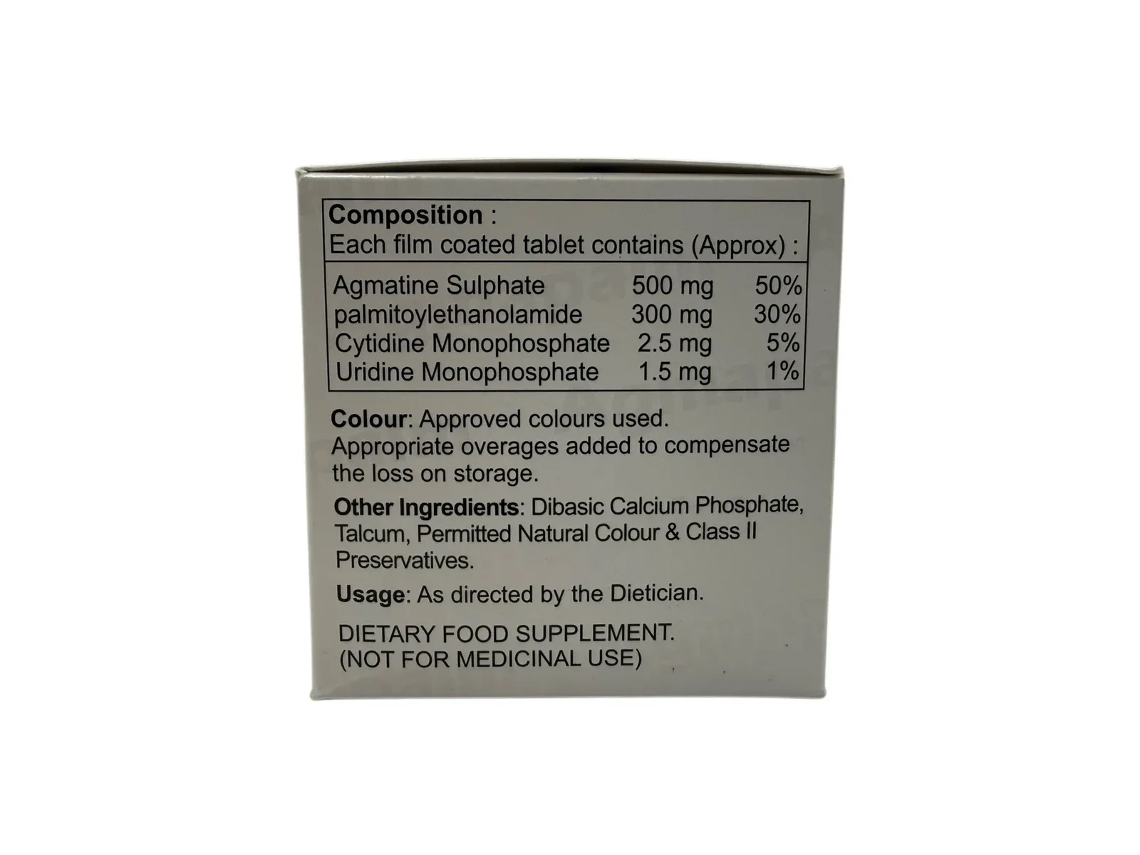 Agmapalm Tablets side panel composition and manufacturing details