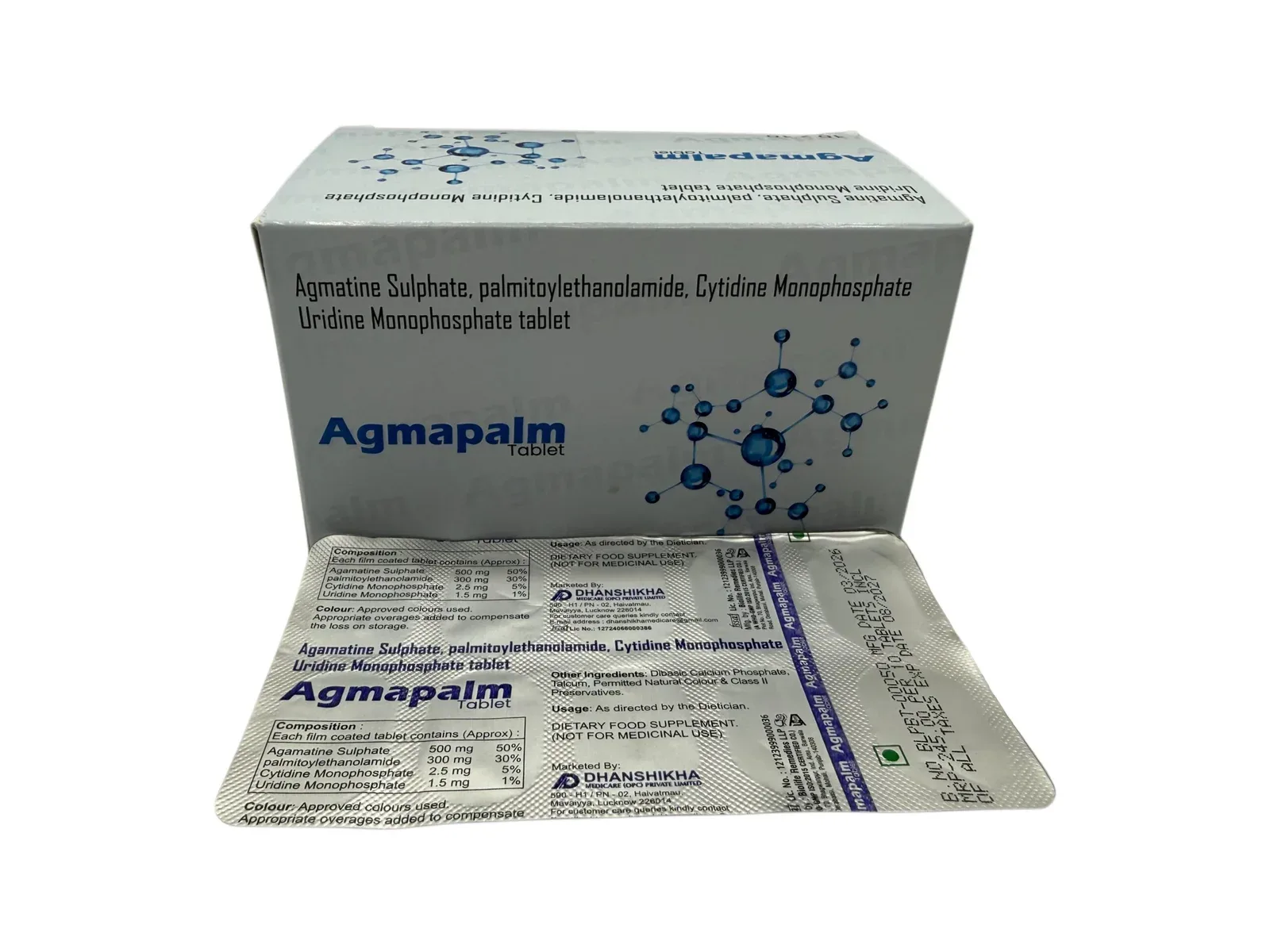 Agmapalm Tablets carton with strip for neuropathic pain support