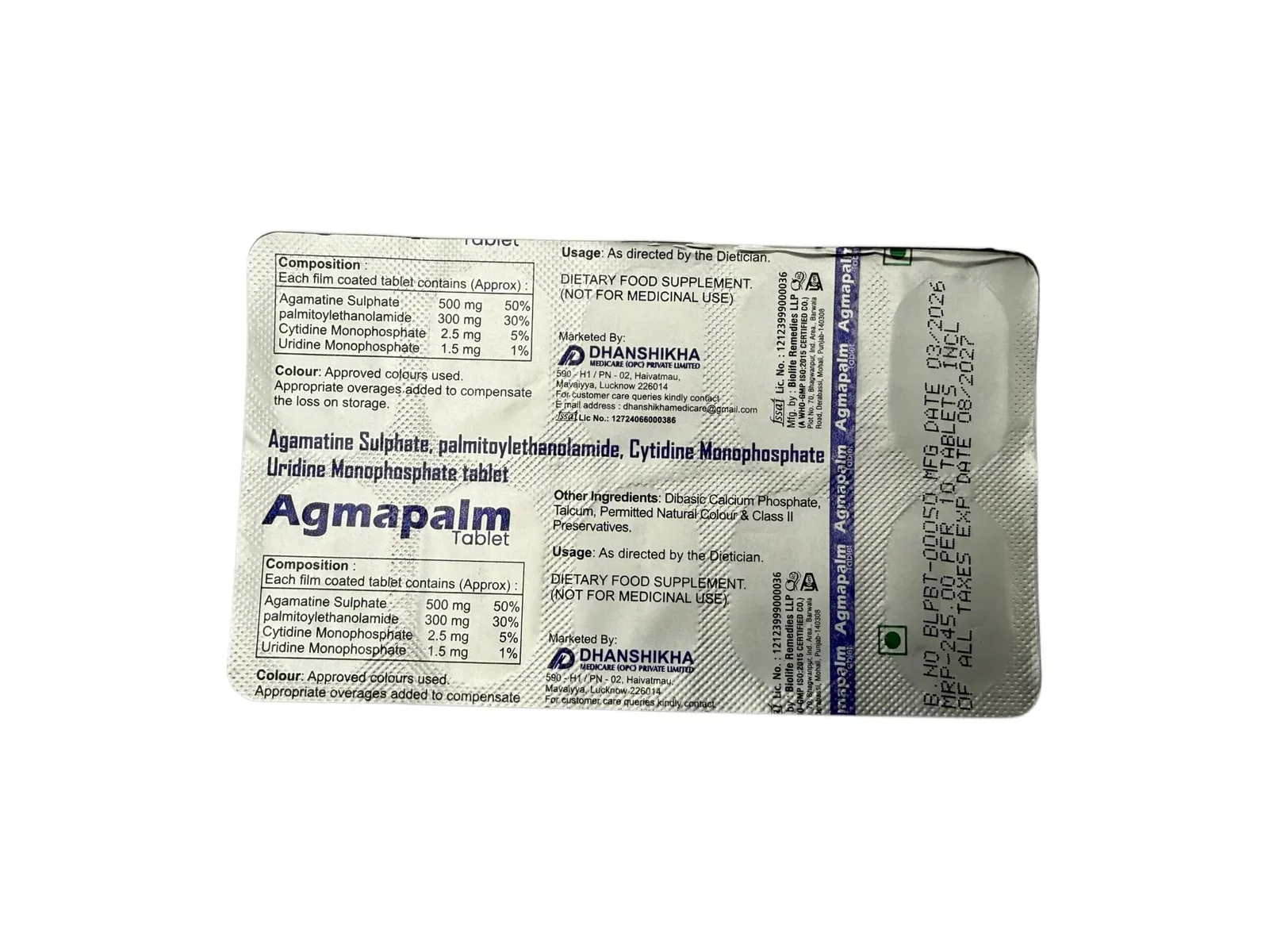 Agmapalm Tablets strip dietary supplement for nerve health
