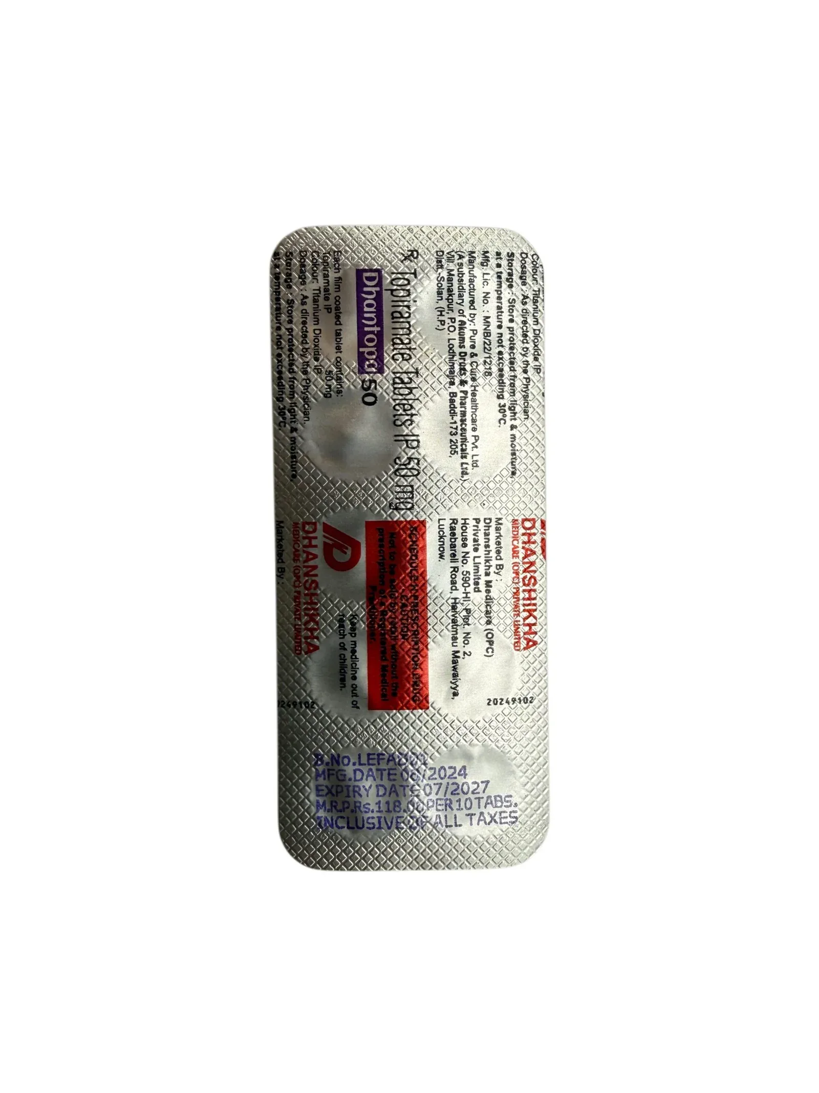 Dhantopa 50 strip Topiramate Tablets IP 50mg