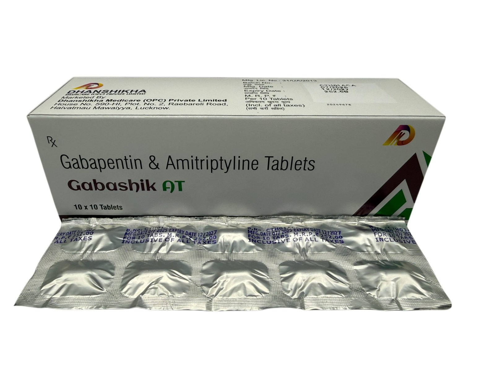 Gabashik AT Tablets carton with strip Gabapentin Amitriptyline tablets