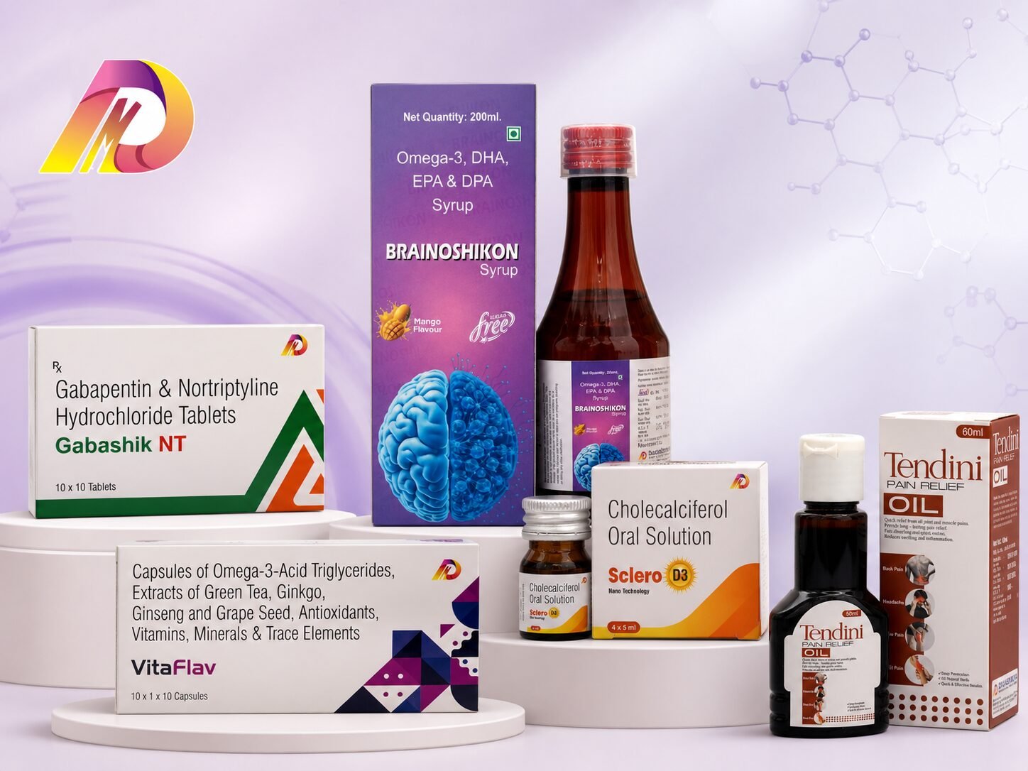 Dhanshikha Medicare product showcase with Brainoshikon, Gabashik NT, VitaFlav, Sclero D3 and Tendini