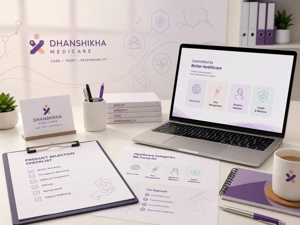 Dhanshikha Medicare healthcare workspace showing product selection and responsible healthcare planning